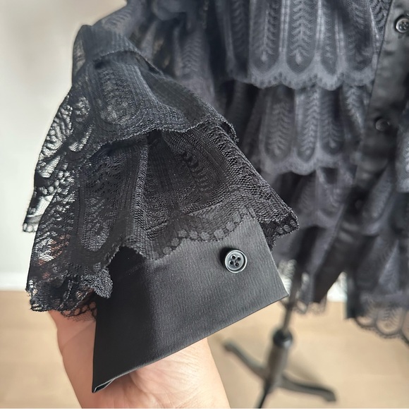 🖤Victorian Gothic Lace Ruffle Blouse | Sheer Black Romantic Tiered Top Size M - Picture 12 of 14